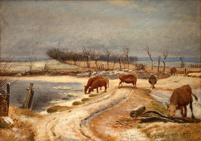 Watering the Cattle on a Winter's Day, vintage artwork by Johan Thomas Lundby e, A3 (16x12") Poster Print