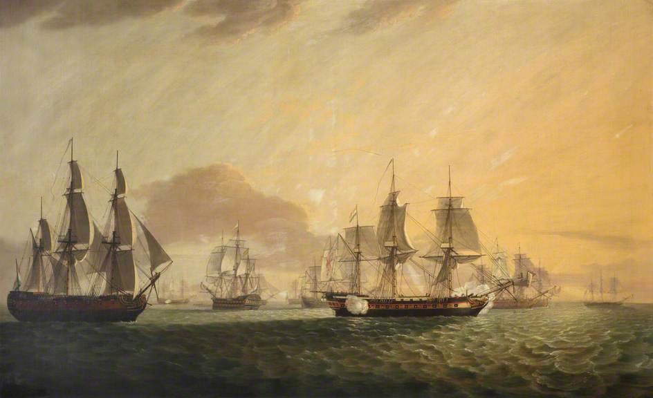 The East Indiaman 'General Goddard' Capturing Dutch East Indiamen, June 1795, vintage artwork by Thomas Luny, 12x8" (A4) Poster