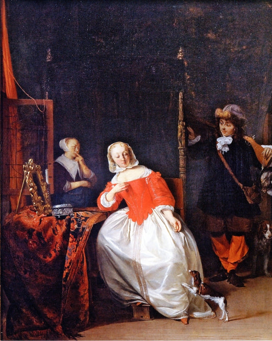 A Hunter Visiting a Woman at Her Toilet, vintage artwork by Gabriël Metsu, 12x8" (A4) Poster