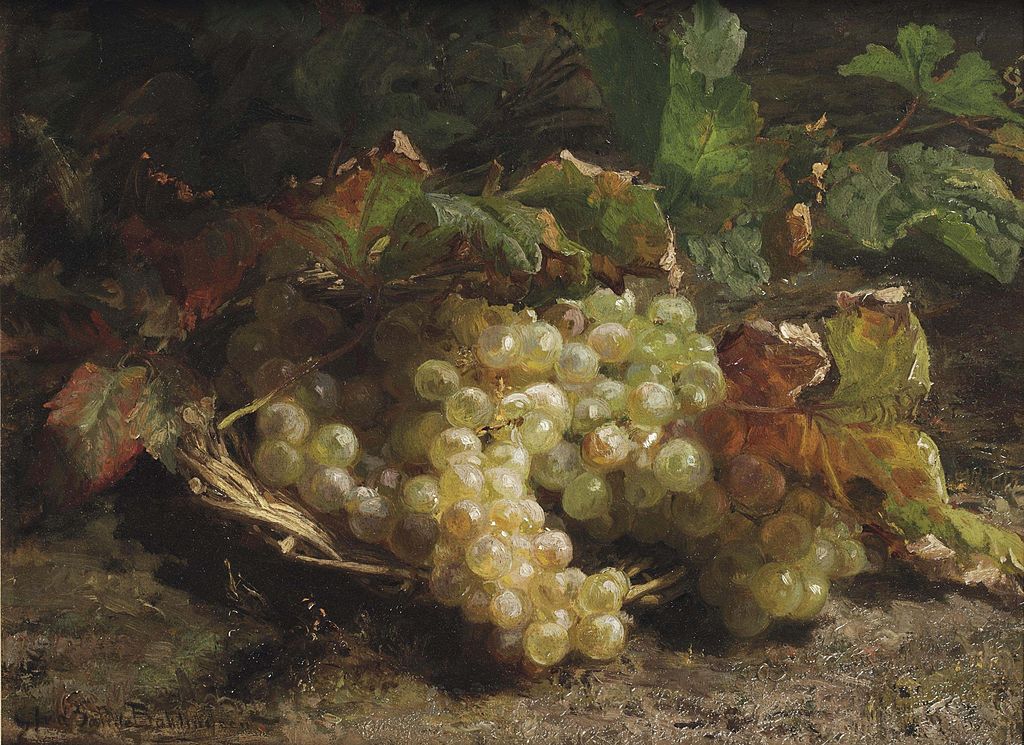 White grapes in a wicker basket, vintage artwork by Geraldine Jacoba van de Sande Bakhuyzen, 12x8" (A4) Poster