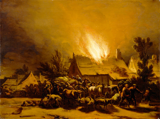 Peasants Fleeing a Burning Barn, vintage artwork by Egbert van der Poel, 12x8" (A4) Poster