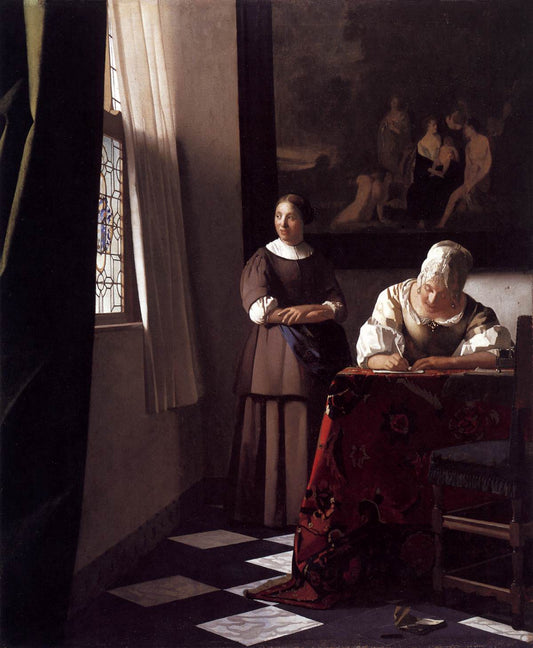 Lady Writing a Letter with Her Maid, vintage artwork by Johannes Vermeer, 12x8" (A4) Poster