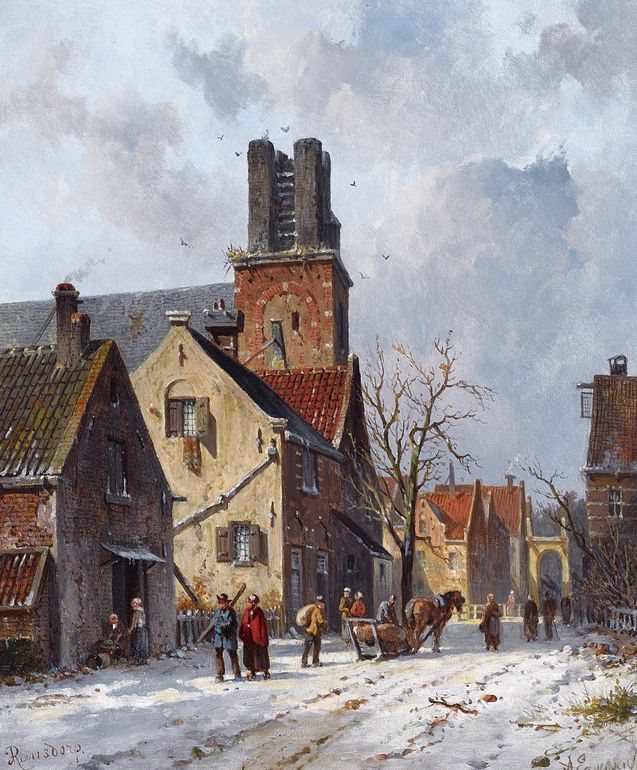 Figures In The Snow-Covered Streets Of Ransdorp, vintage artwork by Adrianus Eversen, A3 (16x12") Poster Print
