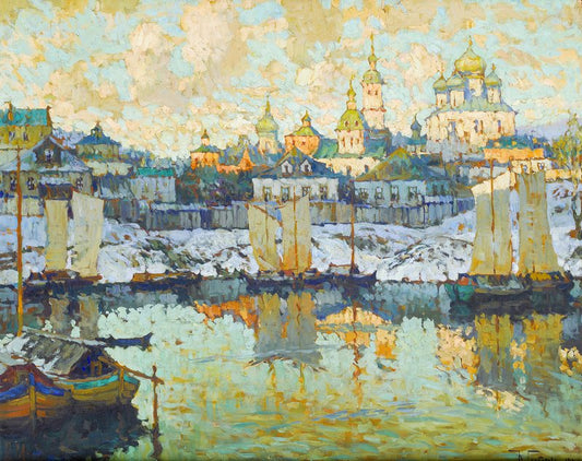 Harbor View at Sunset, vintage artwork by Konstantin Gorbatov, 12x8" (A4) Poster