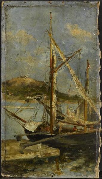 Boat on the Mediterranean, vintage artwork by Adolphe-Joseph-Thomas Monticelli, 12x8" (A4) Poster
