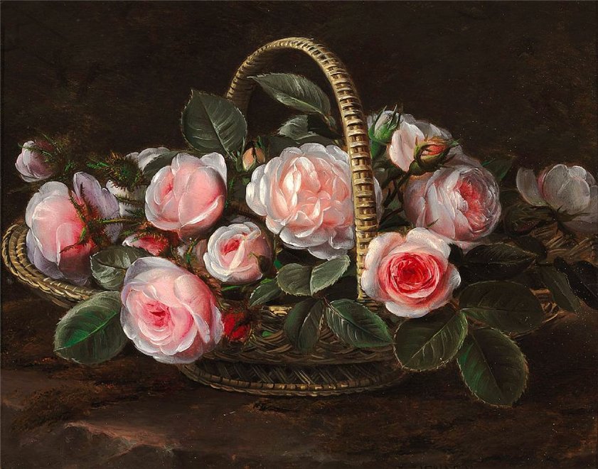 Pink roses in a basket, vintage artwork by Johan Laurentz (J.L.) Jensen, A3 (16x12") Poster Print