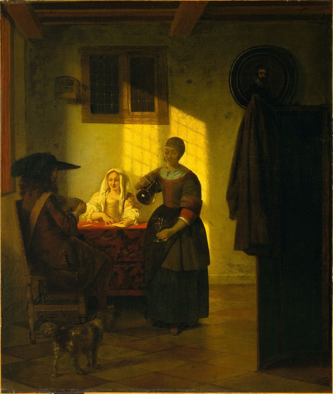A Couple Playing Cards, with a Serving Woman, vintage artwork by Pieter de Hooch, 12x8" (A4) Poster