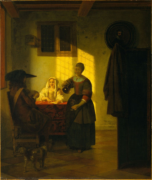 A Couple Playing Cards, with a Serving Woman, vintage artwork by Pieter de Hooch, 12x8" (A4) Poster