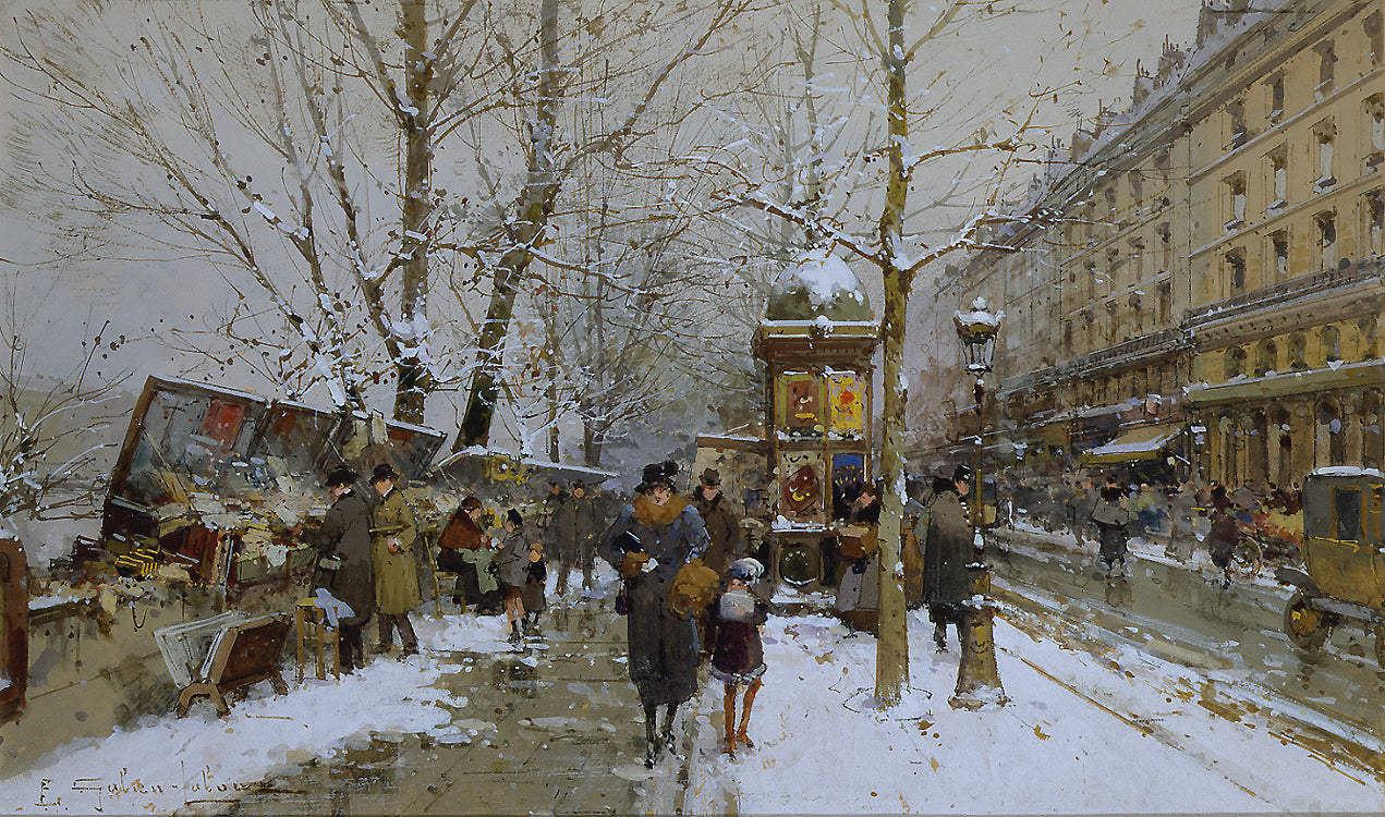 Bookstalls in Winter, vintage artwork by Eugene Galien-Laloue, 12x8" (A4) Poster