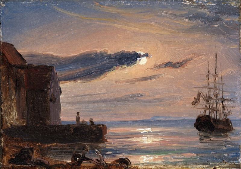 Mediterranean harbour by  moonlight, vintage artwork by Thomas Fearnley, A3 (16x12") Poster Print