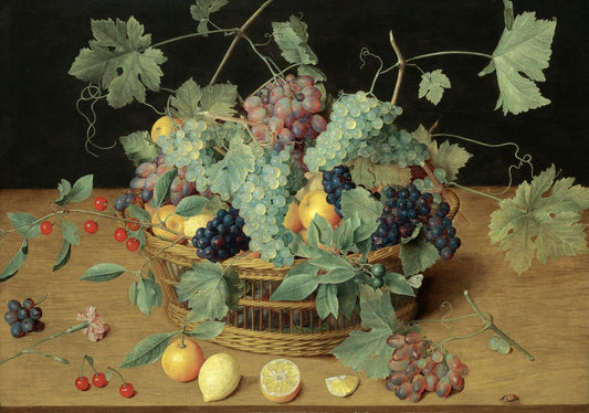 Still life with fruit in a basket, including bunches of grapes and lemons, cherries and oranges, vintage artwork by Isaak Soreau, 12x8" (A4) Poster