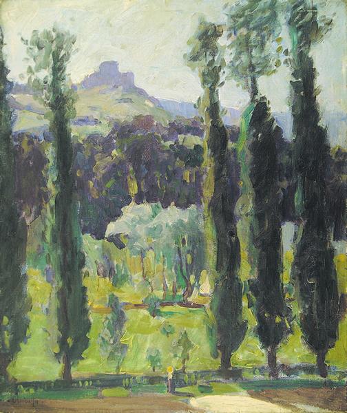 Paysage aux Cypress, vintage artwork by George Oberteuffer, 12x8" (A4) Poster