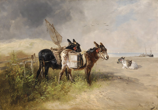 Beach Scene with Donkeys, vintage artwork by Henry Schouten, 12x8" (A4) Poster