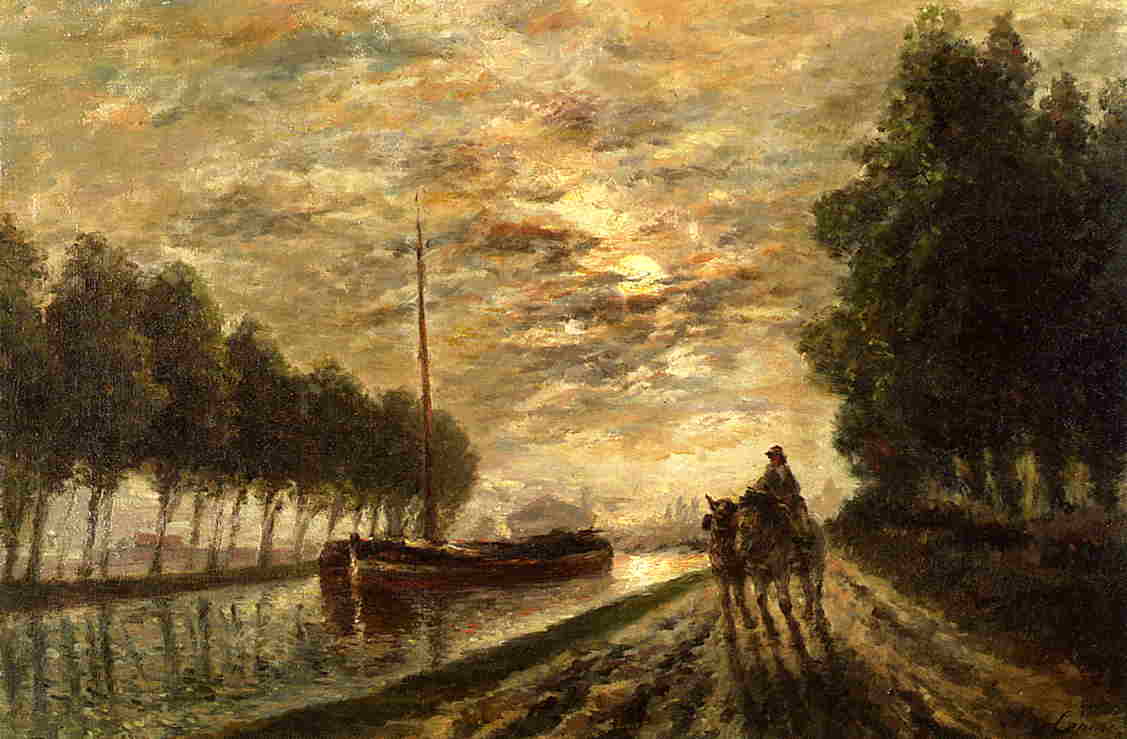 The Ourcq Canal, Towpath, Moonlight, vintage artwork by Stanislas Lepine, 12x8" (A4) Poster