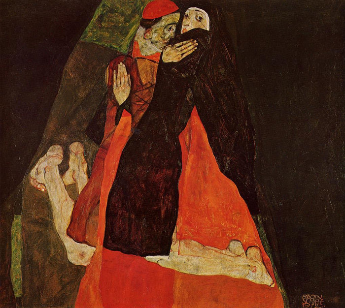 Cardinal and Nun, vintage artwork by Egon Schiele, 12x8