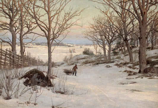 Boy with sledge in winter landscape, vintage artwork by Johan Krouthen, 12x8" (A4) Poster