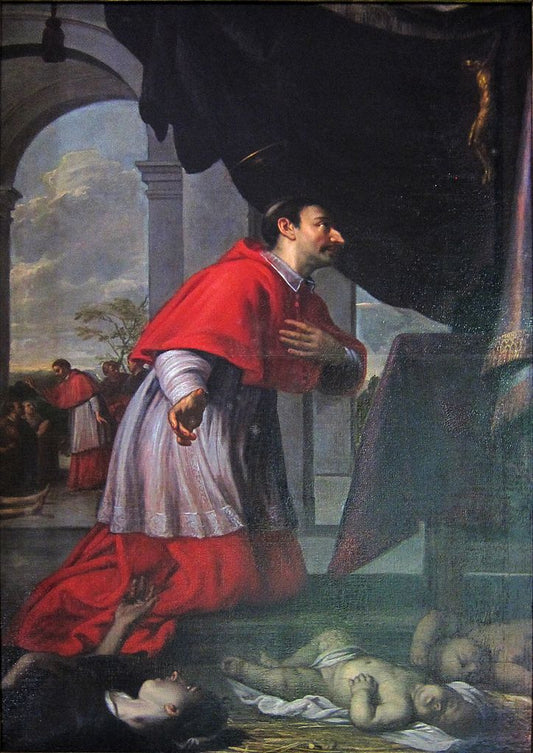 Saint Charles Borromeo Praying for the Cessation of the Plague, vintage artwork by Jacob van Oost the Younger, 12x8" (A4) Poster