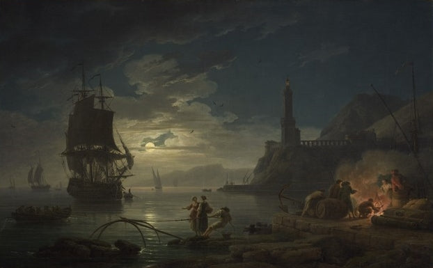 Coastal Scene in Moonlight, vintage artwork by Claude-Joseph Vernet, 12x8" (A4) Poster