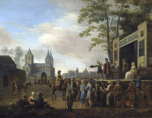 A stage play in a village street, with numerous villagers watching, a church, etc., vintage artwork by Gerrit Adriaensz.Berckheyde, 12x8" (A4) Poster