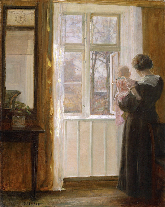 A Mother and Child at a Window, vintage artwork by Carl Vilhelm Holsøe, 12x8" (A4) Poster