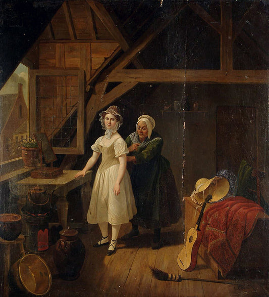 An Interior scene with a maid lacing a lady into a corset, vintage artwork by Constantinus Fidelio Coene, 12x8" (A4) Poster