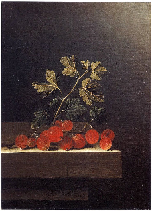 Spray of Red Gooseberries on a Stone Plinth, vintage artwork by Adriaen Coorte, 12x8" (A4) Poster