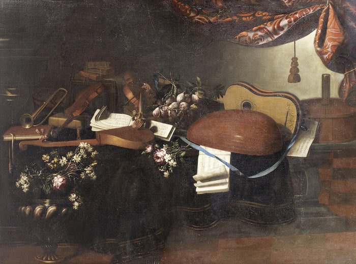 Still-life with musical instruments, fruit and flowers on a stone ledge, vintage artwork by Bartolomeo Bettera, 12x8