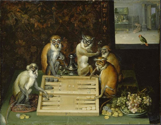 Monkeys playing backgammon, vintage artwork by Frans Francken the Younger, 12x8" (A4) Poster