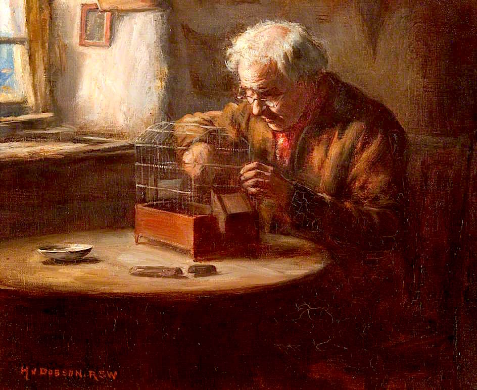 Mending the Bird's Cage, vintage artwork by Henry John Dobson, 12x8" (A4) Poster