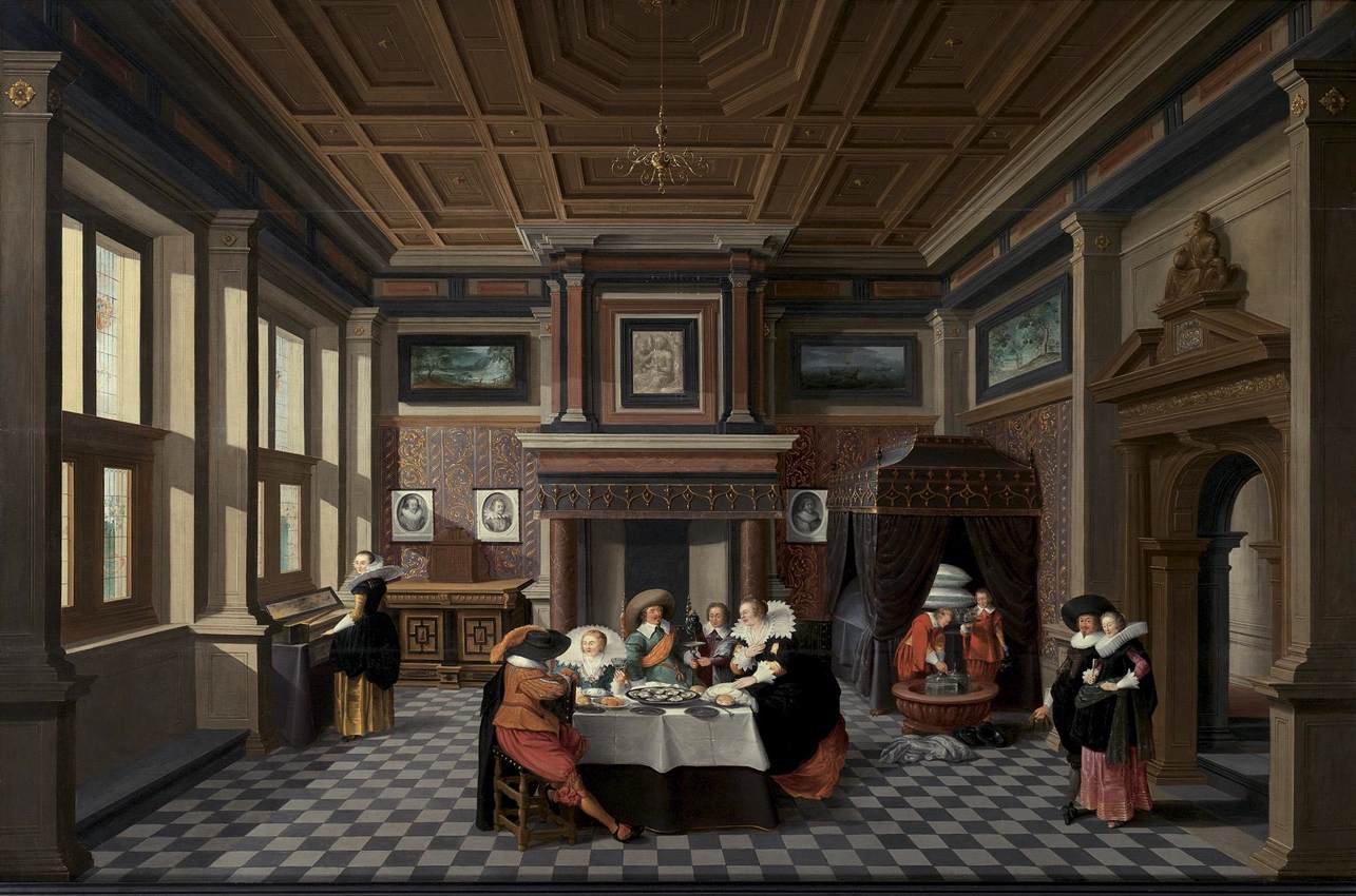 An Interior with Ladies and Gentlemen Dining, vintage artwork by Dirck van Delen, 12x8" (A4) Poster
