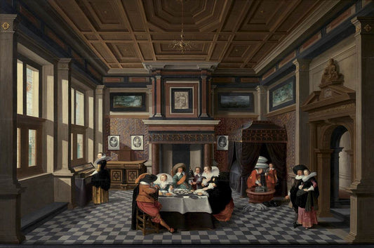 An Interior with Ladies and Gentlemen Dining, vintage artwork by Dirck van Delen, 12x8" (A4) Poster