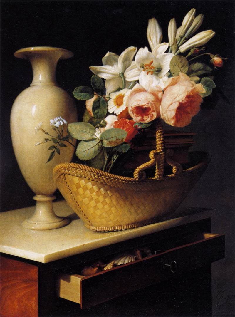 Still-Life with a Basket of Flowers, vintage artwork by Antoine Berjon, 12x8" (A4) Poster