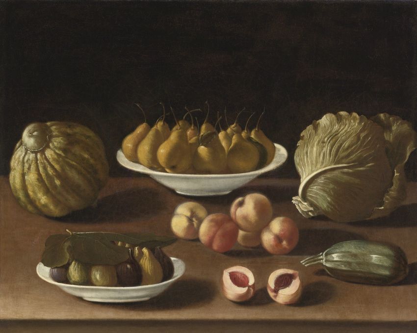 Still life with pears, peaches, figs, a melon, cabbage and marrow, vintage artwork by Paolo Antonio Barbieri, 12x8" (A4) Poster