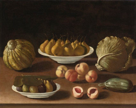 Still life with pears, peaches, figs, a melon, cabbage and marrow, vintage artwork by Paolo Antonio Barbieri, 12x8" (A4) Poster
