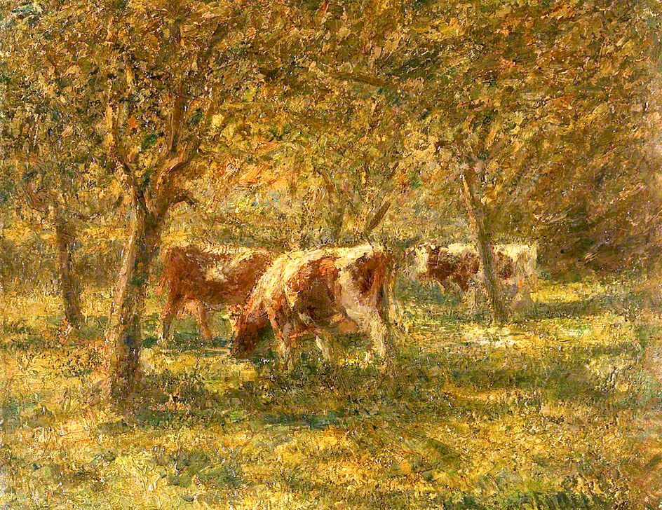 Cows in the Orchard, vintage artwork by Harry Fidler, 12x8" (A4) Poster