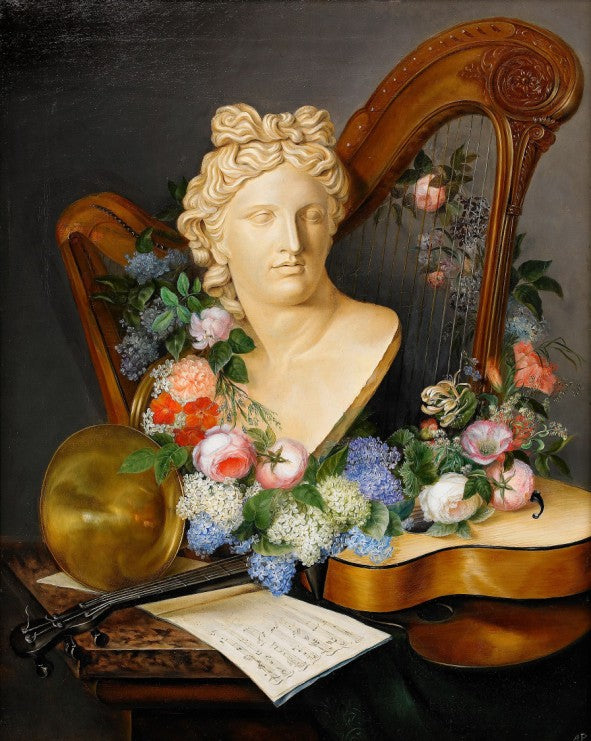 Still life with musical instruments and flowers, vintage artwork by Anna Augusta Plagemann, A3 (16x12") Poster Print