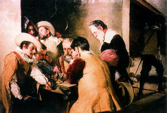 Mosqueteros jugando al ajedrez, vintage artwork by Jose Mongrell Torrent, 12x8" (A4) Poster