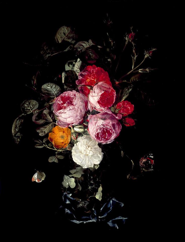 A Festoon of Roses hanging from a Blue Ribbon, with Butterflies and Insects, vintage artwork by Carstian Luyckx, 12x8" (A4) Poster