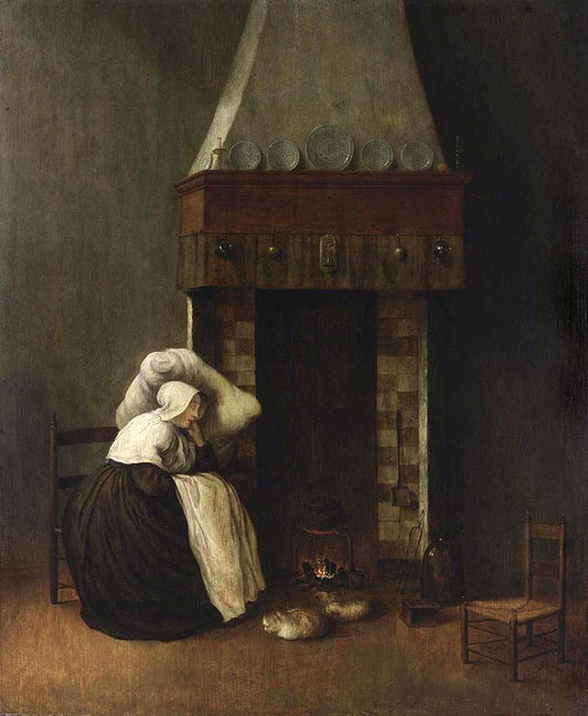 Interior with a Sick Woman by  a Fireplace, vintage artwork by Jacobus Vrel, 12x8" (A4) Poster