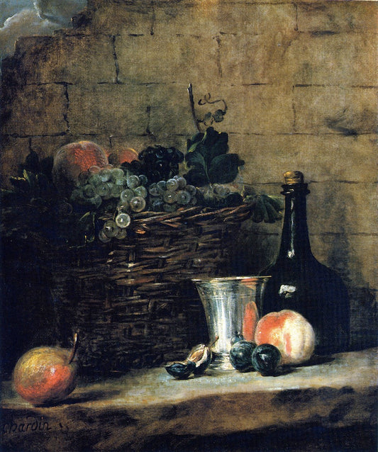 Basket of White and Red Grapes, with Silver Goblet, Bottle, Peaches, Plums and a Pear, vintage artwork by Jean-Baptiste-Simeon Chardin, 12x8" (A4) Poster
