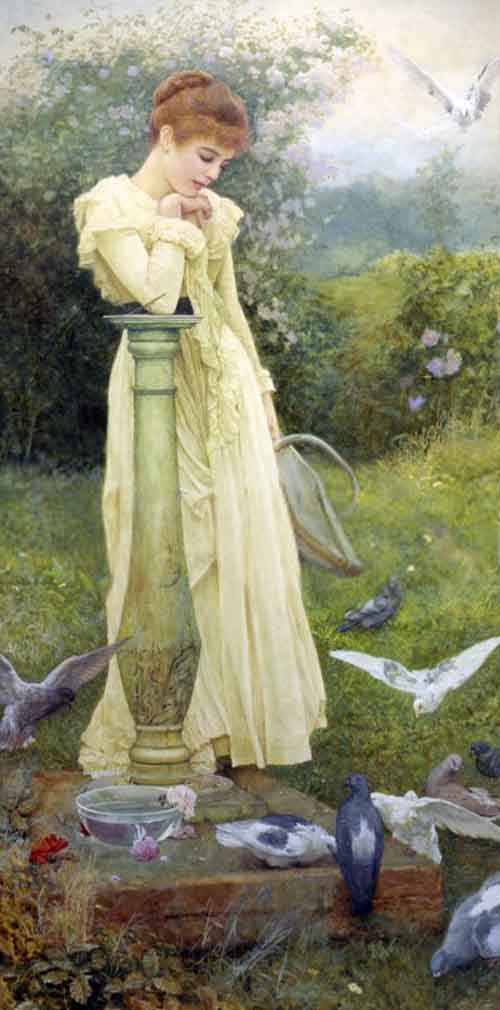 Feeding the Doves, vintage artwork by Edward Killingworth Johnson, 12x8" (A4) Poster