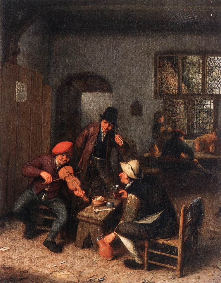 Interior of a Tavern with a Violin Player, vintage artwork by Adriaen van Ostade, 12x8" (A4) Poster