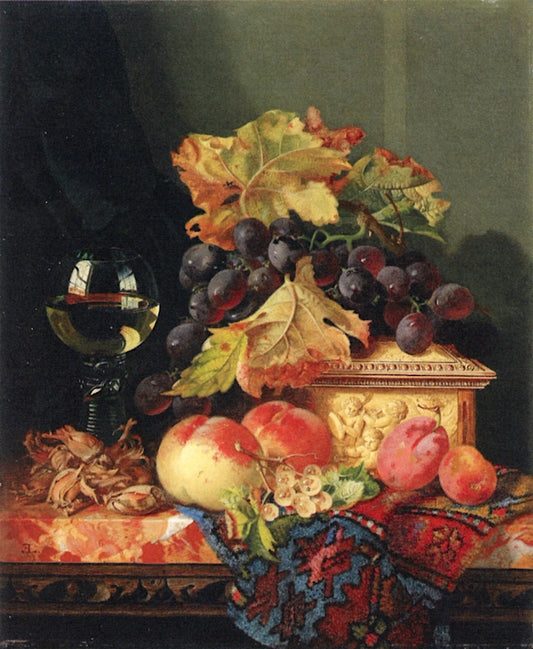 A Roemer with Grapes, Peaches, Plums, White Currants and Cobnuts on a Marble Ledge, vintage artwork by Edward Ladell, A3 (16x12") Poster Print