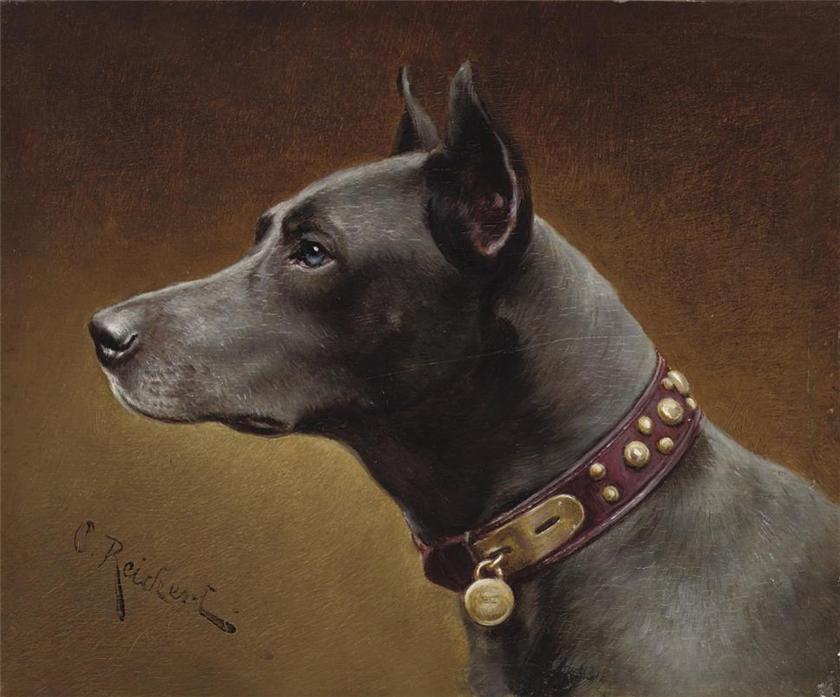 Black Doberman, vintage artwork by Carl Reichert, 12x8" (A4) Poster