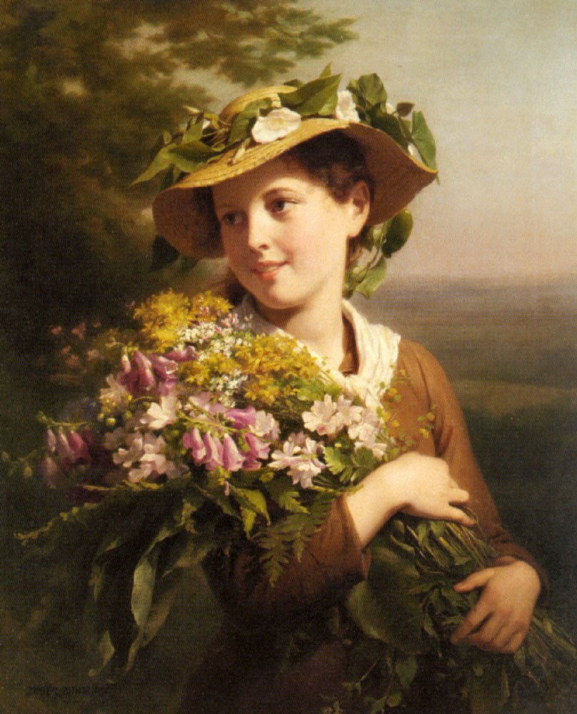 A Young Beauty Holding A Bouquet Of Flowers, vintage artwork by Fritz Zuber-Buhler, 12x8" (A4) Poster