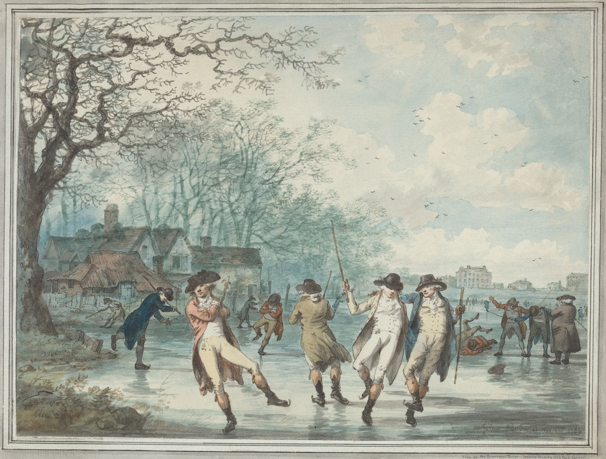 Skaters on the Serpentine in Hyde Park, vintage artwork by Julius Caesar Ibbetson, 12x8" (A4) Poster