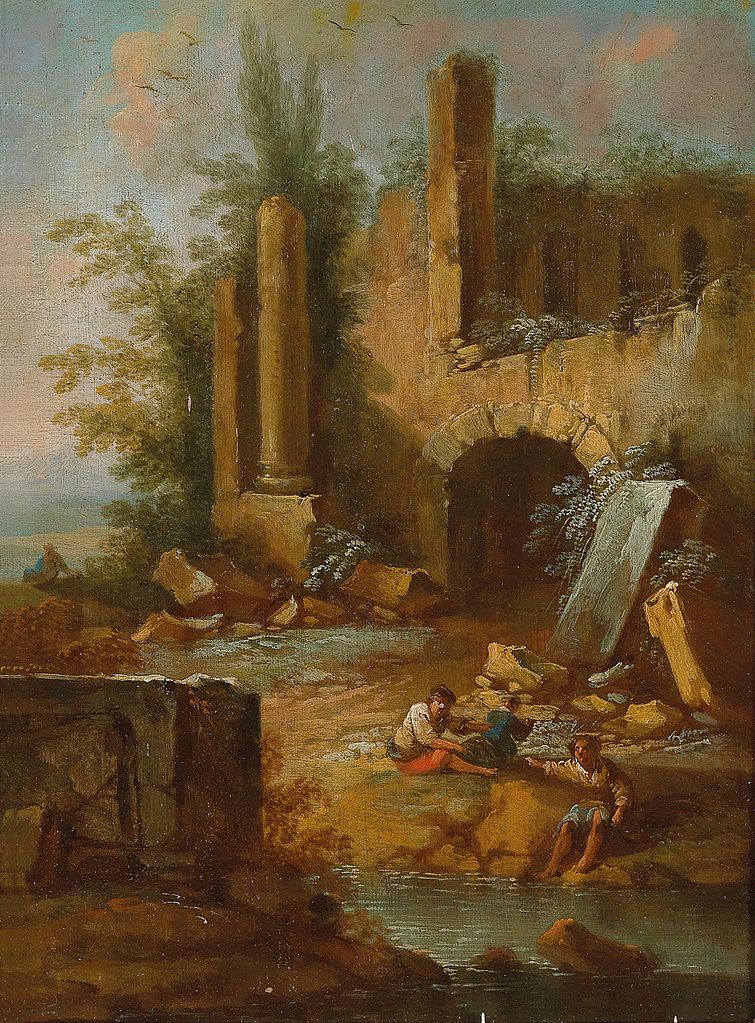 Landscape with Two Man in Front of Roman Ruins, vintage artwork by Christian Wilhelm Ernst Dietrich, 12x8" (A4) Poster