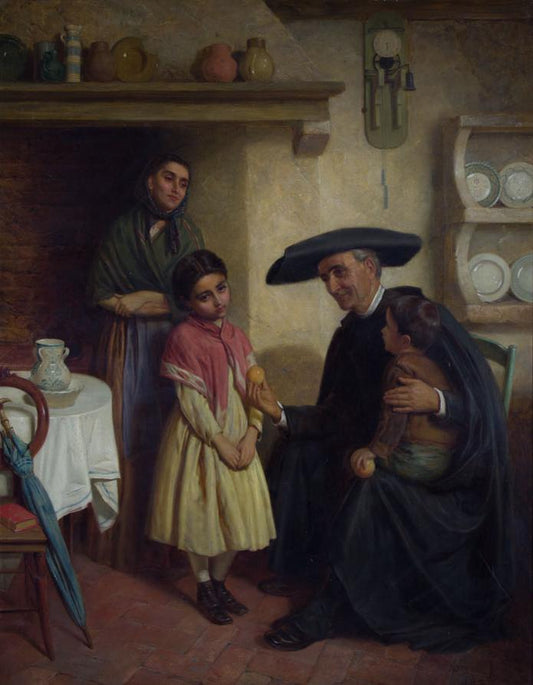Sorrowful Child Being Offered an Orange by  Spanish Priest, vintage artwork by John Bagnold Burgess, 12x8" (A4) Poster
