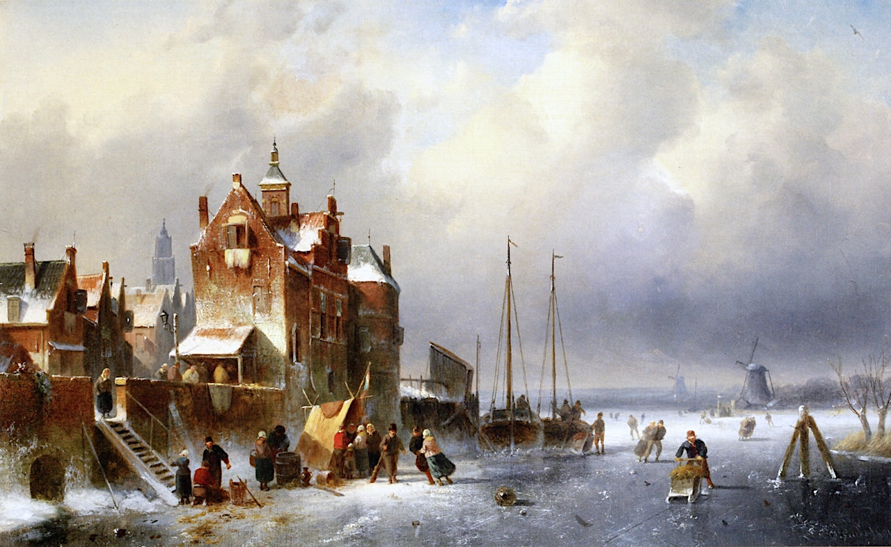 A Koek-en-zopie on a Frozen Waterway near a Dutch Town, vintage artwork by Charles Henri Joseph Leickert, A3 (16x12") Poster Print