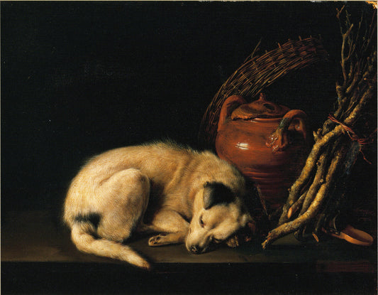 A Sleeping Dog Beside a Terracotta Jug, a Basket, and a Pile of Kindling Wood, vintage artwork by Gerrit Dou, 12x8" (A4) Poster